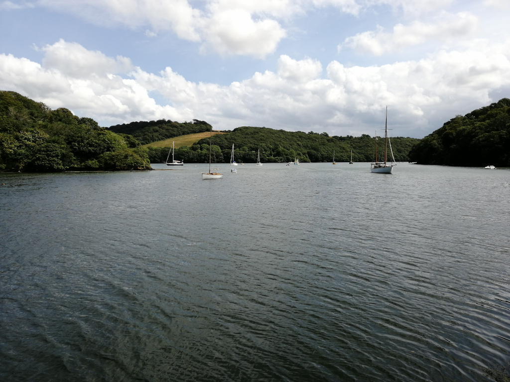Calm body of water, possibly a river or bay, nestled between lush green hills covered in trees. Several sailboats of varying sizes are scattered across the water, suggesting a peaceful and tranquil scene. The sky is partly cloudy, with soft light illuminating the landscape. The overall impression is one of serenity and natural beauty.