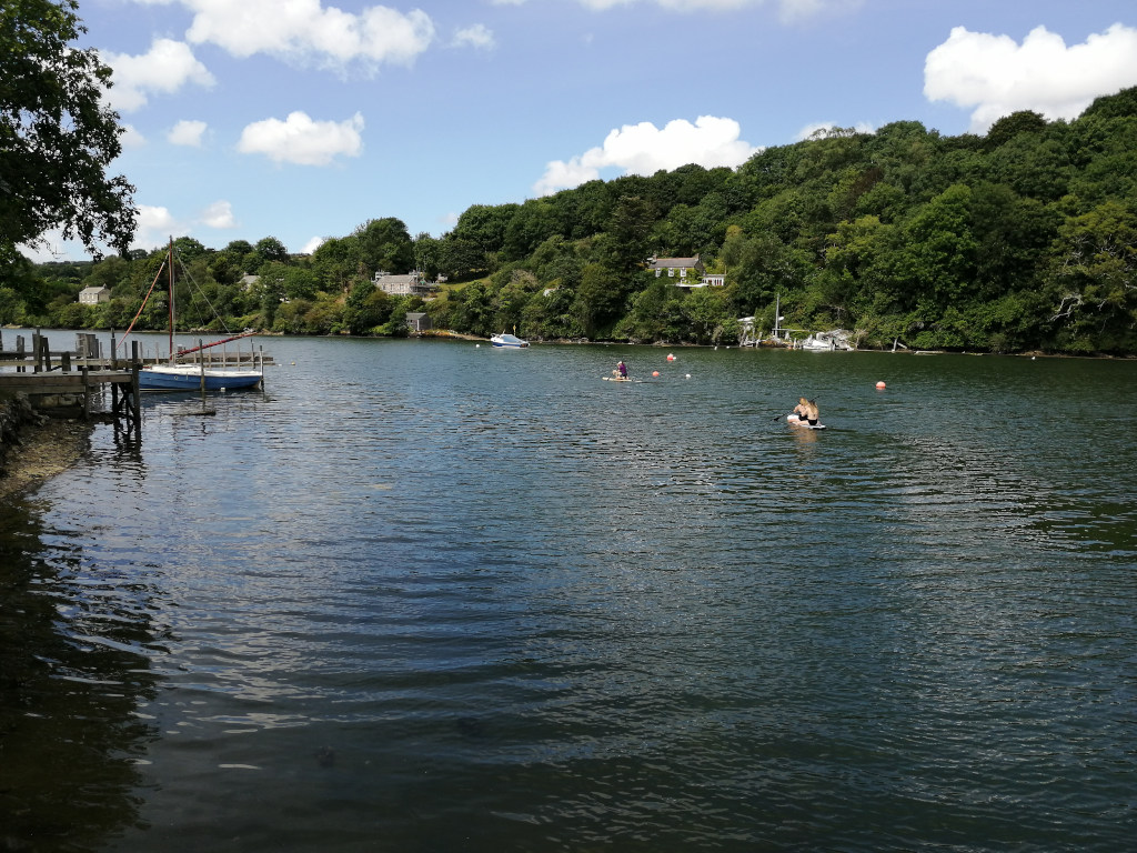 Tranquil river scene on a sunny day. A small sailboat is moored at a wooden dock on the left. In the middle and background of the image, there are people paddle boarding on the calm water. The far bank is lined with lush green trees and houses. The overall impression is one of peace and serenity.