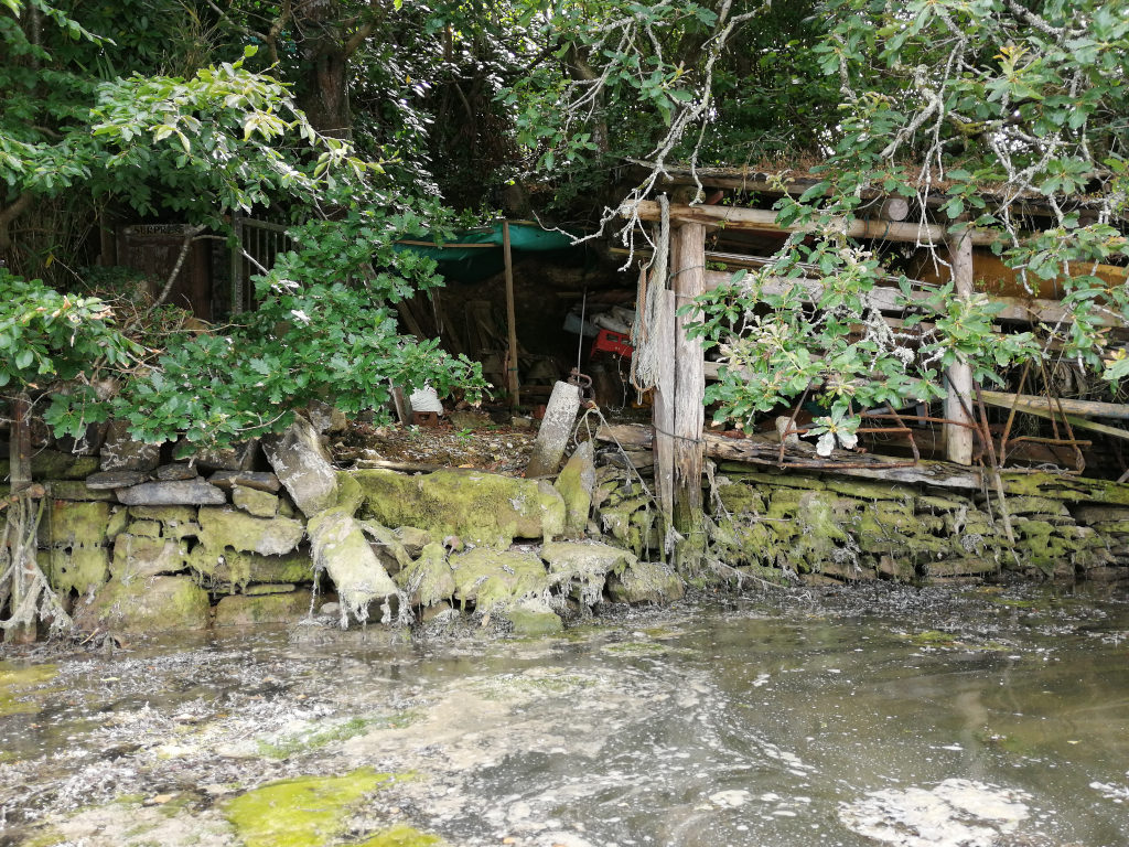 Dilapidated wooden structure, possibly a shed or boathouse, nestled amongst overgrown vegetation on a stone wall by the water's edge. The structure is partially collapsed and covered in moss and other signs of decay. The surrounding environment is lush and appears somewhat neglected. The water is murky and shows signs of algae or other organic matter. The overall impression is one of age, abandonment, and the reclaiming power of nature.
