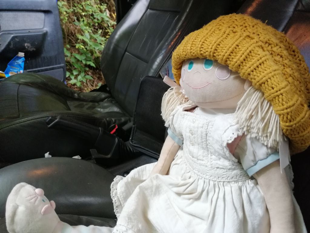 Rosie rag doll sitting in the passenger seat of a car. The doll is wearing a white dress and a mustard-yellow knitted hat. The car's interior appears worn. Another, smaller stuffed animal's foot is visible at the bottom left. The overall setting suggests a casual, perhaps road trip-like scenario.
