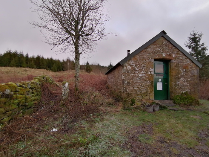 Small, stone building, possibly a shelter or utility shed, with a dark green door. It's situated in a rural landscape, with a low stone wall partially covered in moss to the left, and a sparsely vegetated area in front. A leafless tree stands prominently near the left side of the structure. In the background, there's a dark line of evergreen trees under an overcast sky.
