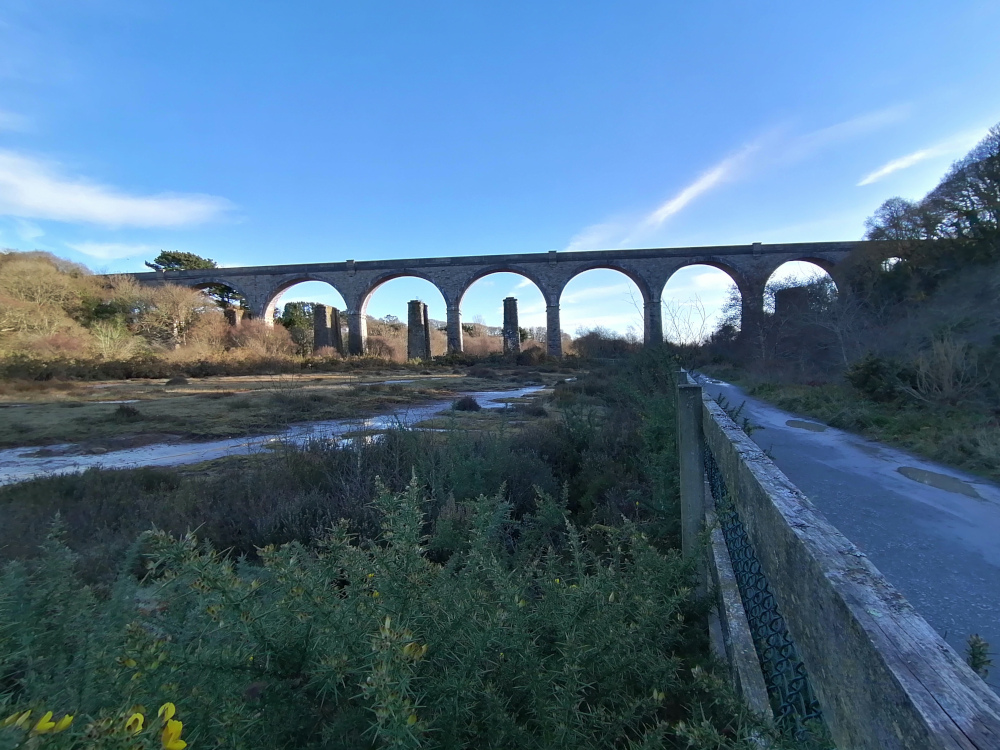Long stone viaduct stretching across the frame under a clear blue sky. The viaduct is composed of multiple arches and appears to be somewhat weathered. In the foreground, there's a path with a wooden fence running alongside it, leading towards the viaduct. Low-lying vegetation, including gorse bushes, fills the space in the foreground. The scene suggests a rural or possibly coastal setting. The overall feeling is one of serene, somewhat melancholic beauty. The contrast between the man-made structure and the natural world is striking.
