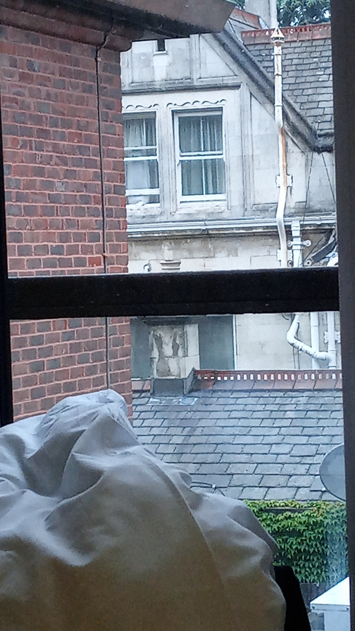 View from a window. The foreground is dominated by a crumpled white or light-grey fabric, possibly a sheet or garment. The background reveals an exterior scene, focusing on the back of a building with a brick wall on the left and a light-grey building with several windows on the right. The grey building has a pitched roof covered in dark grey slate tiles. Parts of other buildings and some greenery are also visible in the background. The overall impression is of an urban setting viewed from inside a building.