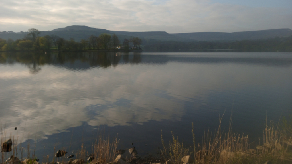 Depicts a tranquil lake scene. The foreground shows the edge of the lake with some sparse, dry grasses and rocks. The calm water of the lake reflects the sky and the far shore.  In the mid-ground, a line of trees and possibly some buildings sit on the opposite shore. In the background, a range of low, somewhat hazy hills rises from the tree line. The overall mood is serene and peaceful, indicative of a quiet, natural landscape. The muted colors and soft light suggest either early morning or late evening.