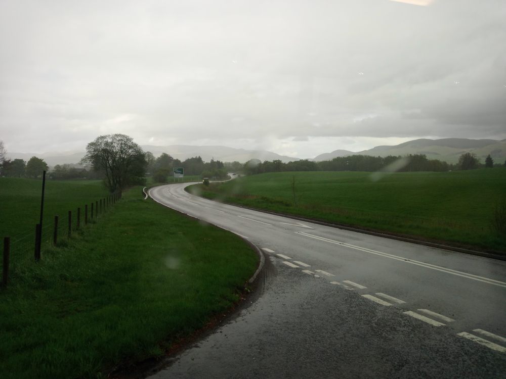 Gently curving asphalt road, wet from recent rain, stretching from the foreground towards a distant horizon.  The road is two-laned with clear white dashed lines marking the center and intermittent wider white markings suggesting pedestrian crossings. On the left side of the road, a wire fence runs parallel, separating the road from a lush, vibrant green field.  A few solitary trees stand out against the field, particularly a darker, fuller tree mid-left, adding depth. In the distance, there is a hint of a vehicle, nearly indistinguishable due to distance and the atmospheric haze.