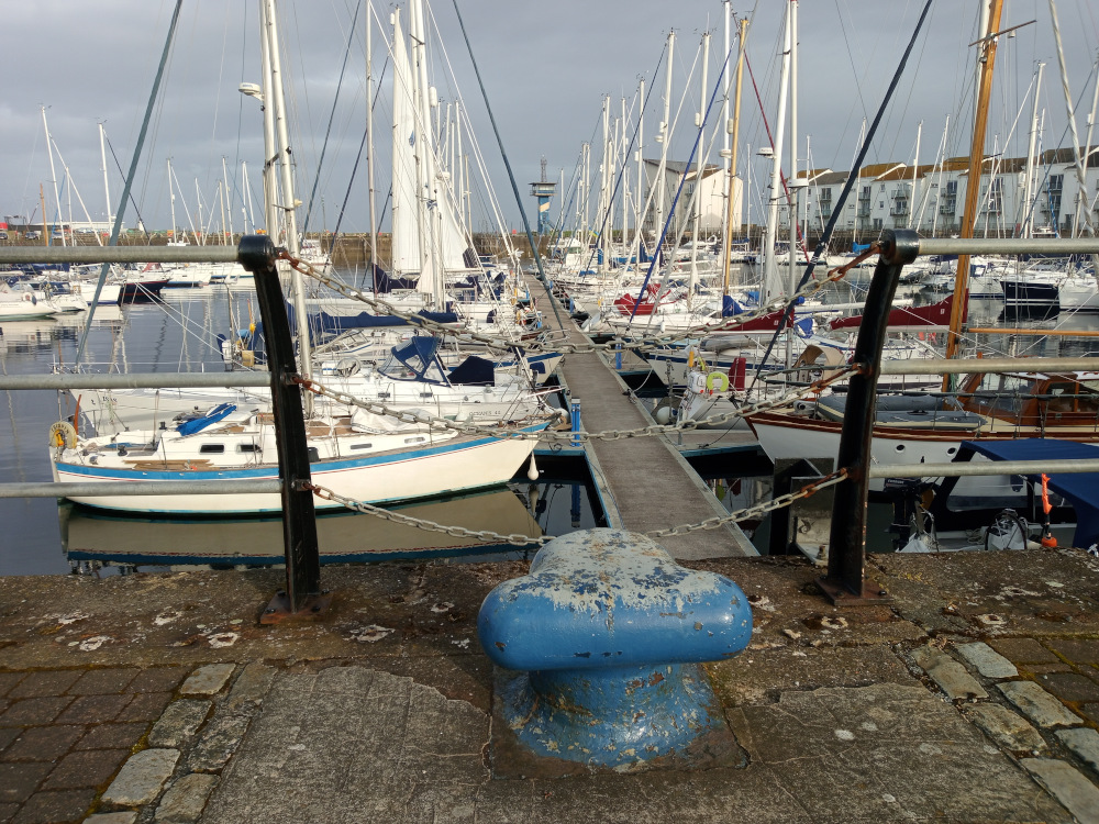 Weathered, blue bollard, prominently positioned in the foreground, on a paved dock.  This bollard appears to be made of metal and shows significant wear and tear, with peeling blue paint revealing a grey under layer.  It stands as a visual anchor amidst a dense array of moored sailboats. These sailboats, various sizes and designs, fill the middle and background of the scene. They are primarily white and pale blue hues, with some displaying splashes of red and other darker colours. Their masts form a dense forest of vertical lines converging toward the horizon. Chains connect many boats to the dock, indicating their secure mooring.  No people are visible.