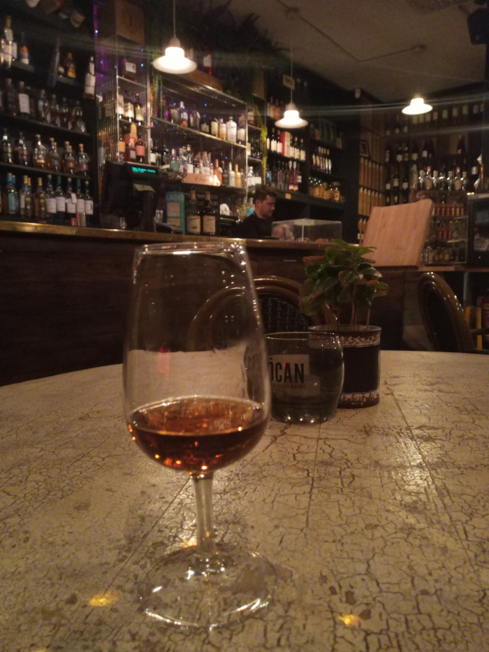 Stemmed glass, possibly a sherry or dessert wine glass, filled about halfway with a dark amber whisky. The glass is slightly out of focus, creating a soft, dreamlike quality. Its clear glass allows the rich colour of the drink to shine through. Beside it sits a shorter, wider glass, seemingly empty, with a faint logo visible. A small potted plant with dark green leaves sits between the two glasses, adding a touch of nature to the scene. 