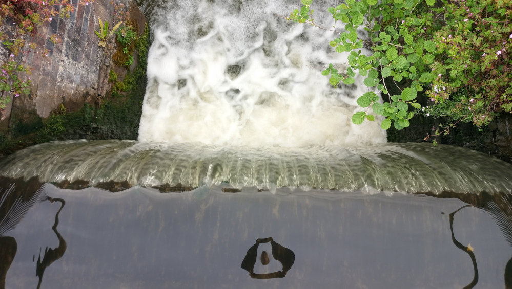 Low, broad waterfall cascading into a dark pool of water. The water flows over a structured, slightly curved weir or dam, creating a series of thin, parallel streams that froth and foam at the point of impact. The top portion of the water displays significant white froth and foam, suggesting a forceful yet relatively shallow flow. The water below the weir is dark and still, reflecting a muted image of the surroundings. The waterfall is the dominant feature, occupying the central two-thirds of the frame. Flanking the waterfall are verdant banks with thriving vegetation, including green shrubs and flowering plants.