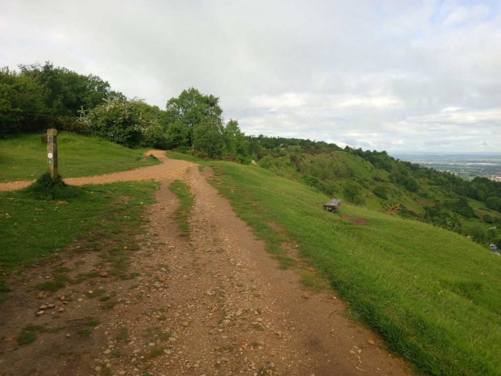 Dirt path forking on a grassy hillside. A small wooden marker post is visible at the beginning of one path. In the distance, a panoramic view of rolling green hills and a valley stretches out under a cloudy sky. A solitary bench sits on the hillside to the right of the path.