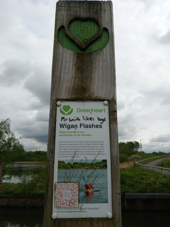 Weathered, grey-brown wooden post, rectangular in shape and standing vertically. Affixed to the post is a rectangular informational sign, predominantly white with green accents. The sign features the Greenheart logo (a stylised green leaf/heart shape). The text on the sign proclaims Mr Smith likes buys Wigan Flashes, written in a casual, hand-written style, above more formal text describing Wigan Flashes as a countryside area with various water activities. A QR code is also present, inviting viewers to learn more. At the bottom of the sign is a photograph showing a person kayaking on a calm body of water, surrounded by tall reeds.