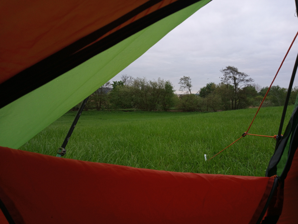 Interior view from within a brightly coloured camping tent. The tent's fabric is predominantly a vibrant burnt orange, with a contrasting lime-green section forming a diagonal across the upper portion of the visible interior. A black seam runs parallel to the orange and green sections. Orange guy lines, or ropes, are visible, stretched from the tent’s structure into the field outside. A small, white, peg or marker is partially visible in the grass. There are no people present. The background is a verdant expanse of tall, lush grass, stretching from the immediate foreground to the horizon. Beyond the grass, a line of trees forms a natural boundary. The trees are a mixture of deciduous species, exhibiting various shades of green. The sky is overcast, a soft, muted gray, lacking harsh shadows. The overall lighting is diffuse and soft, suggesting an overcast day.