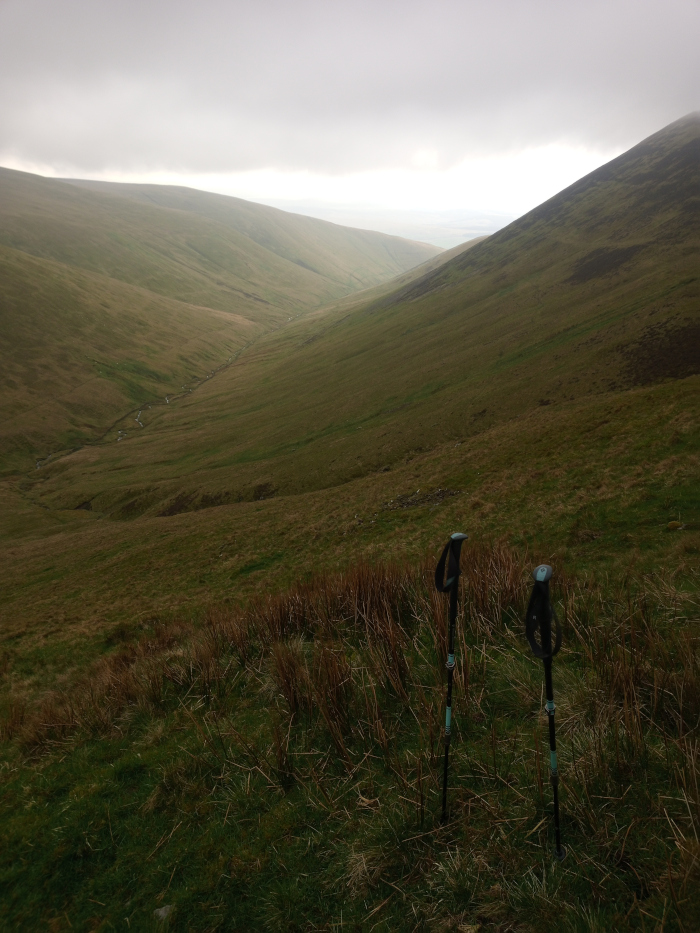 Pair of dark-grey trekking poles, standing upright in the foreground. They are planted in the sparse, brownish-green grass, their tips slightly embedded in the earth. The poles are almost identical, featuring a dark grey shaft with a small, teal-coloured accent near the handle. They stand relatively close together, suggesting a resting point during a hike. No people are present. The setting is a vast, rolling mountain valley. The landscape is dominated by muted greens and browns – the color palette suggestive of a moorland or upland environment. The grass is short, predominantly dry and brown-tinged, with patches of greener growth. The valley slopes gently up on both sides, creating a V-shaped formation. A stream or small river is faintly visible winding its way through the lower part of the valley in the distance, barely distinguishable from the muted colors of the surrounding land. The mountains in the background are soft and rounded, merging into a hazy, overcast sky. The lighting is diffuse and soft; an overcast day with little strong shadowing, resulting in a slightly muted and subdued overall tonality.