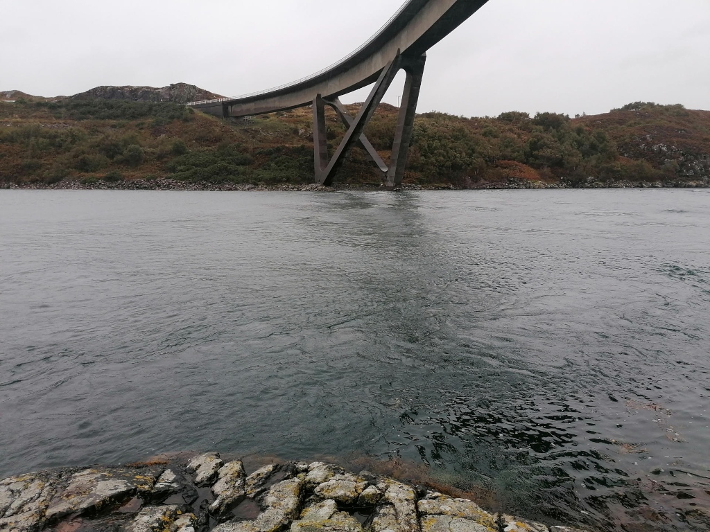 Long, curved concrete bridge, its structure arcing gracefully downwards from the upper-right towards the center of the image. The bridge's supports are a striking, stark grey, forming a distinct X-shaped pattern beneath the road. The bridge is positioned against a backdrop of land, suggesting it spans a waterway. There are no people or vehicles visible on or near the bridge. The foreground is composed of dark, textured rocks along the water's edge. The water itself is the main space of the image, filling most of the lower two-thirds. The scene is set in a rugged, coastal landscape. The land in the background is a tapestry of dark green and brown, hinting at vegetation typical of a cool, possibly Northern climate. The hills are softly rounded, displaying a natural, untamed aesthetic. The sky is a flat, light grey, indicating an overcast day. The overall lighting is soft and diffused, devoid of harsh shadows.