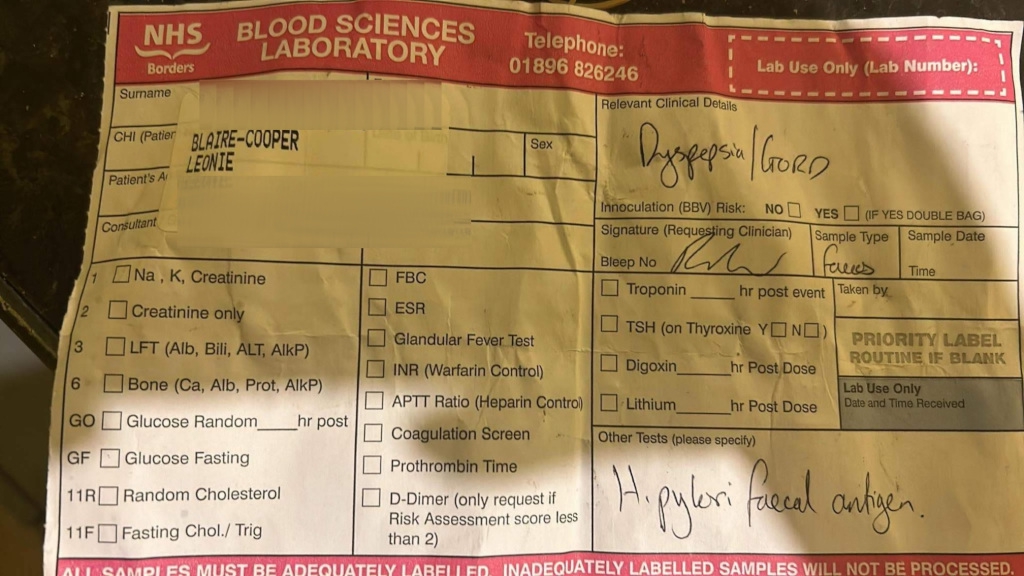 Requisition form for a blood sciences laboratory. The form is partially filled out, indicating a patient named Leonie Blaire-Cooper is being tested for H. pylori faecal antigen, suggesting a potential gastrointestinal issue. The Dyspepsia (GORD) note in the clinical details section reinforces this, indicating symptoms consistent with indigestion or gastroesophageal reflux disease. The form also lists various other potential tests, but most are unchecked.