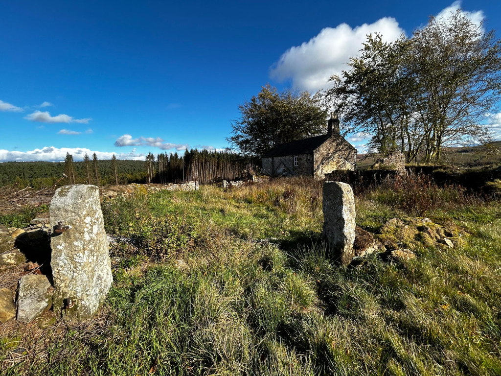 Stone cottage nestled in a rural landscape. It's autumn, as evidenced by the colour of the trees and grass. The cottage appears somewhat isolated, possibly old or abandoned, partially obscured by overgrown vegetation. In the foreground, there's a stone wall or fence with large stone gateposts. The background features a forest and a clear, blue sky with some fluffy clouds. The overall mood is serene and possibly slightly melancholic, evoking a sense of quiet solitude and the passage of time.