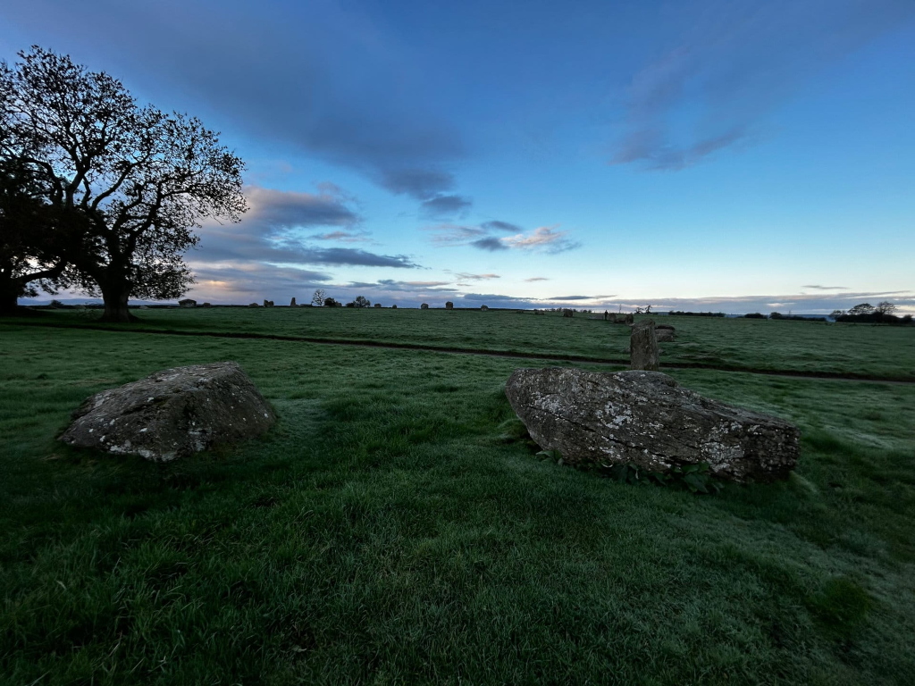 Grassy field at dawn, under a clear blue sky with some clouds. In the foreground are two large, weathered stones.  In the mid-ground and background, a line of smaller standing stones is visible, suggesting a stone circle or similar ancient monument. A lone tree stands to the left, silhouetted against the brightening/darkening sky. The grass appears slightly frosted.