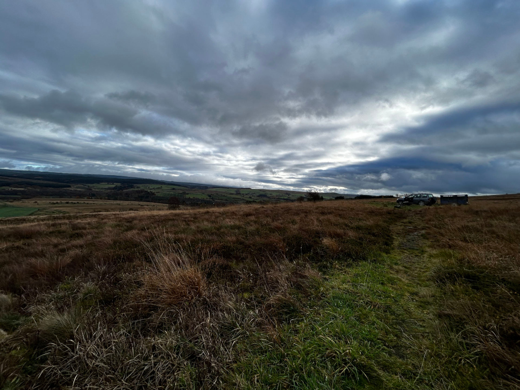 Vast, rolling landscape under a dramatic, cloudy sky. A dark-coloured vehicle and what appears to be a trailer are parked in the distance on the right, near a barely visible track cutting through the dry, brownish-green grasses and low scrub that cover the foreground and middle ground. The background reveals a wider valley or plain, suggesting a rural or possibly moorland setting.