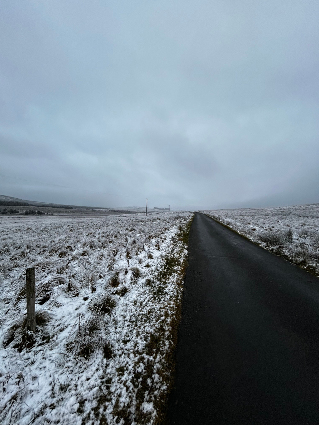 Dark asphalt road cutting through a snow-covered landscape under a grey, overcast sky. The road stretches into the distance, disappearing towards the horizon. The surrounding land is flat and sparsely vegetated, with a light dusting of snow on the low-lying plants. The overall mood is bleak and somewhat desolate.