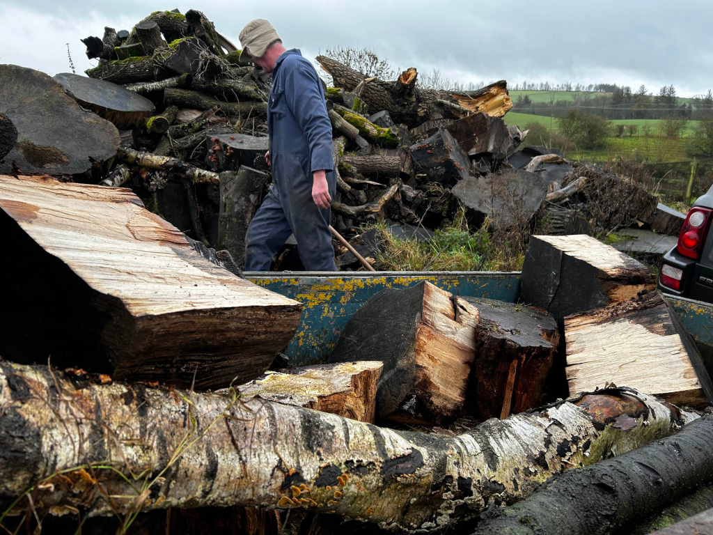 Charlie in work overalls sorting through a large pile of cut logs. He is using a tool to move the logs, which vary in size and type of wood. The setting appears to be an outdoor rural area with a background of fields. Part of a dark-coloured vehicle is visible on the right.