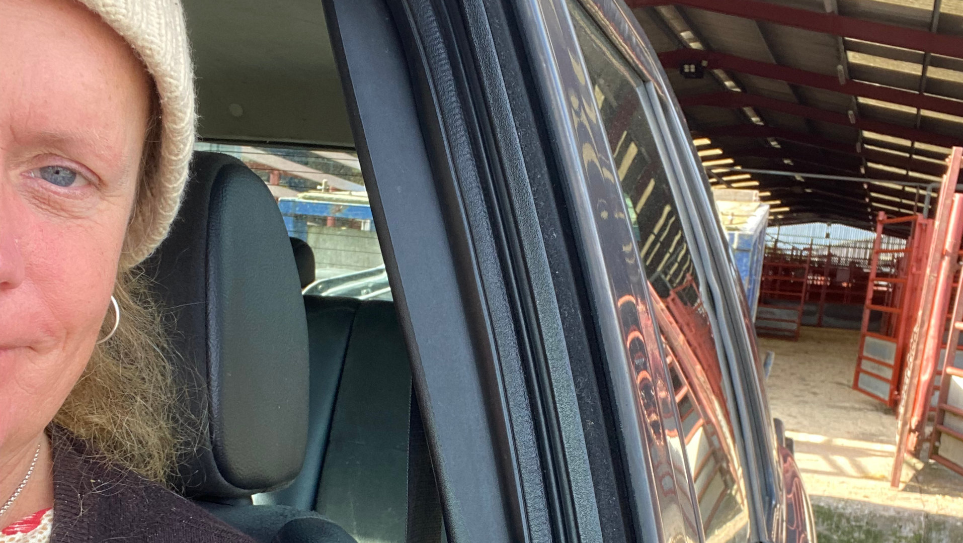A close-up selfie of a woman wearing a cream-colored knit hat. She is sitting in the driver's seat of a car parked inside a large barn or livestock building. The background is blurred but shows what appears to be agricultural setting with livestock pens visible. The woman's expression is somewhat neutral, and the overall mood is contemplative or observational.