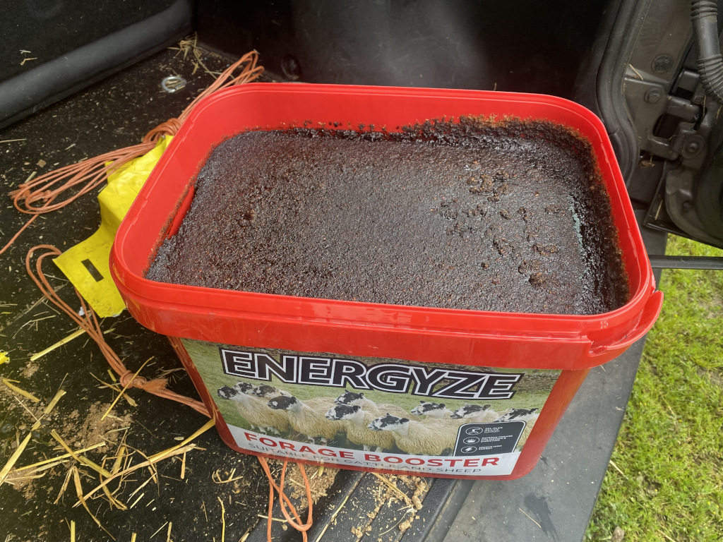 Red plastic bucket filled with a dark brown, granular substance. The bucket is labelled ENERGYZE FORAGE BOOSTER, suitable for cattle and sheep. The bucket is sitting in the back of a vehicle, with some straw or hay scattered around it. There is also some orange rope or twine visible in the image. The overall impression is that this is livestock feed being transported.