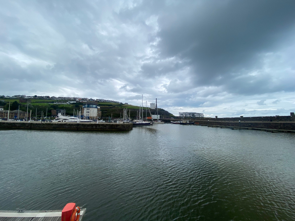 Harbor scene on an overcast day. Numerous boats and yachts are moored in the harbour, which is bordered by stone walls and buildings. A hill covered in houses is visible in the background. The overall atmosphere is calm and somewhat muted due to the cloudy sky.