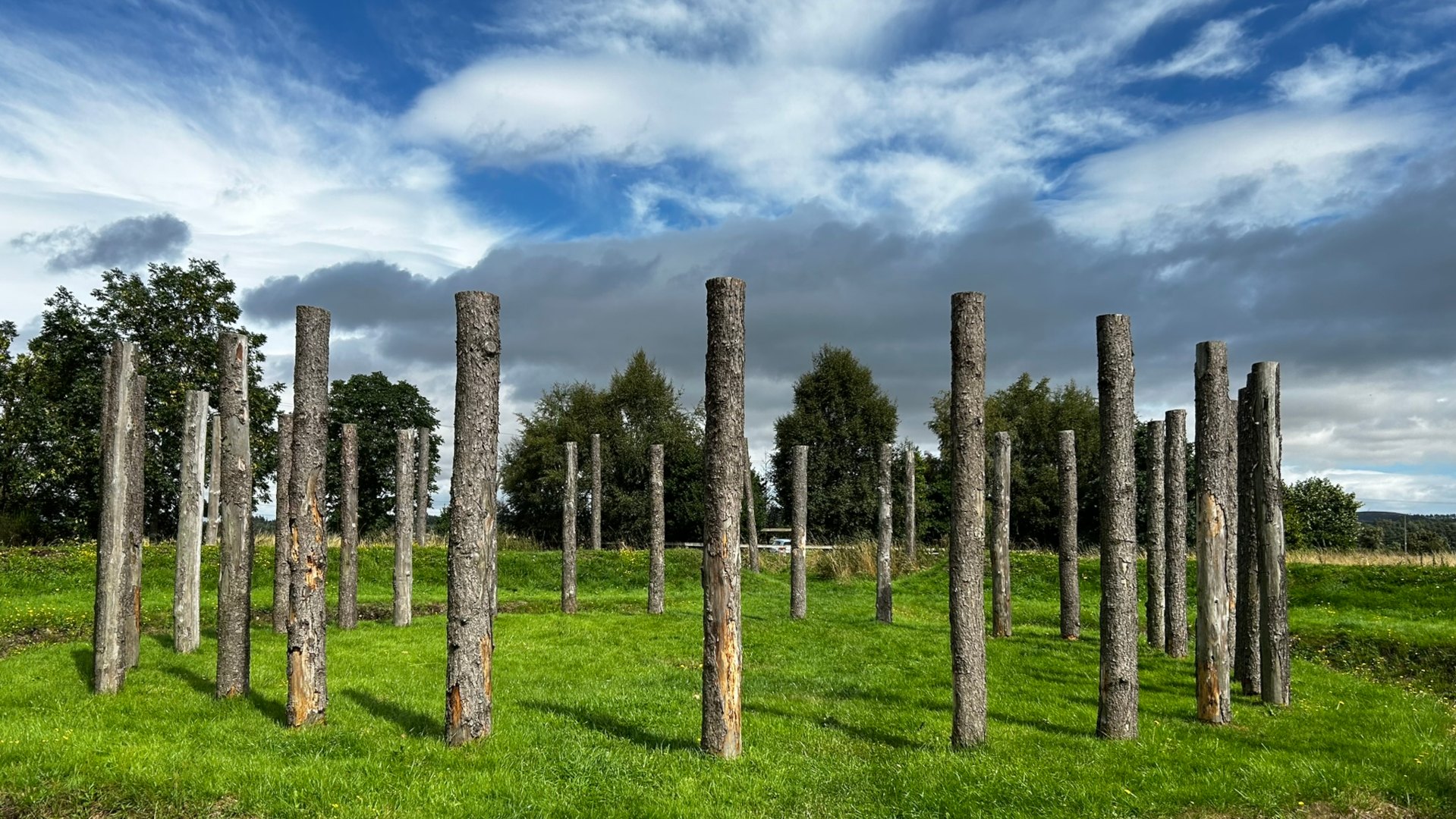 Field of grass under a partly cloudy sky. Numerous weathered, vertical tree trunks are planted in the field, arranged somewhat irregularly but generally in rows. The scene evokes a feeling of quiet contemplation, perhaps suggesting a wood henge.