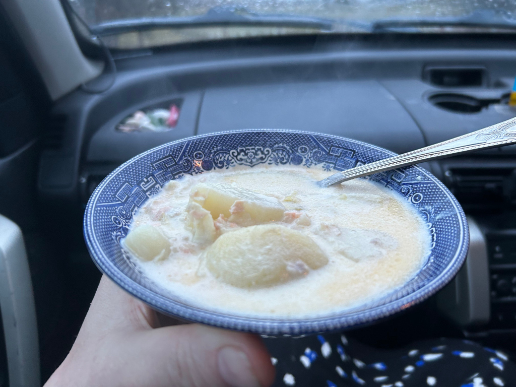Bowl of creamy, white soup, seemingly potato or chowder, generously filled and speckled with light-coloured chunks, possibly potatoes or vegetables. The soup is in a shallow, round bowl with a vibrant blue and white pattern reminiscent of classic blue-and-white china. A silver spoon rests in the soup, partially submerged. A person’s hand, fair-skinned with visible veins and creases, gently holds the bowl from below, showcasing the bowl prominently. The hand is partially visible, and only the fingers and palm are in the frame. The person's clothing, a dark fabric with a white polka dot pattern, is partially visible at the bottom edge.