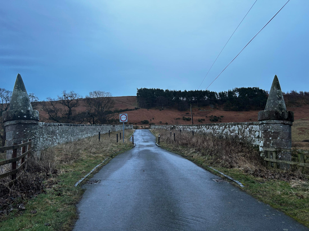 Long, narrow asphalt road leading directly towards the viewer, vanishing into the distance. Flanking the road is a low, grey stone wall, weathered and textured, punctuated at either end by tall, conical stone pillars. These pillars, reminiscent of miniature towers, are of similar aged stone to the wall, showing signs of lichen and erosion. A small, round, red-bordered traffic sign is visible on the right side of the road, midway down the wall, indicating a likely restriction or warning. The road is slightly damp, reflecting a muted light, suggesting recent rain or high humidity. Sparse, dry, winter vegetation borders the road and the wall. A wooden fence is partially visible near the base of the left-hand pillar. The scene is set in a rural, likely highland, landscape. In the background, a gentle hill rises, covered with a patchwork of muted browns, reddish-browns, and greens—a mix of heather, low shrubs, and possibly distant trees. A dark line of evergreen trees forms a horizontal band across the middle of the background, separating the hill from a pale, nearly cloudless sky. The overall lighting is soft and diffuse, indicating either early morning, late afternoon, or an overcast day.