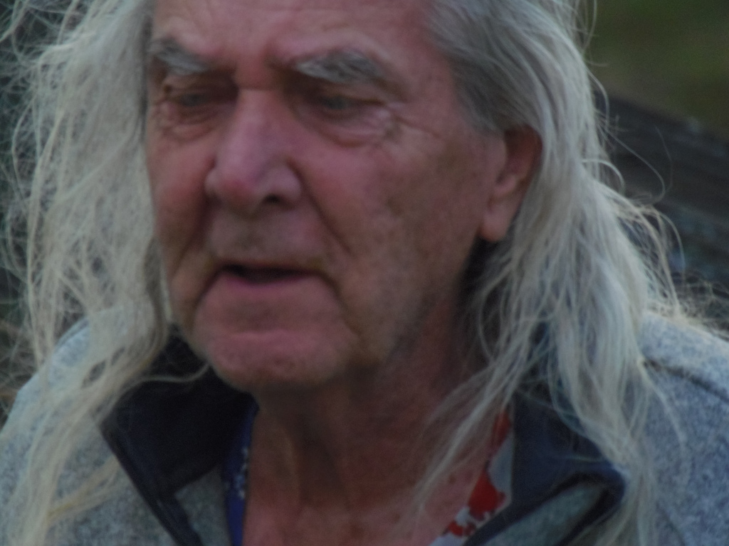 Close-up portrait of an older man with exceptionally long, flowing white hair that partially obscures his face. His hair is unkempt, with strands falling across his forehead and down his chest. His skin is deeply lined and weathered, exhibiting a network of wrinkles across his forehead, around his eyes, and along his cheeks and jawline. The skin tone is pale, tinged with subtle reddish undertones on his cheeks and nose. His eyebrows are thick and somewhat bushy, adding to his rugged appearance. He has a strong, prominent nose, and his mouth is slightly ajar, suggesting he might be mid-speech or simply lost in thought. His eyes appear to be slightly downward-cast. He's wearing a gray zip-up jacket, partially visible, with a hint of a darker, patterned under shirt showing at the neckline. The background is blurred and out-of-focus, depicting an indistinct natural setting. It appears to be outdoors, possibly in a woodland or park area, with muted greens and browns suggesting foliage and earth tones. The lighting is soft and diffused, seemingly natural light rather than harsh direct sunlight. This soft lighting subtly softens the harshness of the wrinkles and shadows on his face, but the overall effect is realistic rather than idealised. 