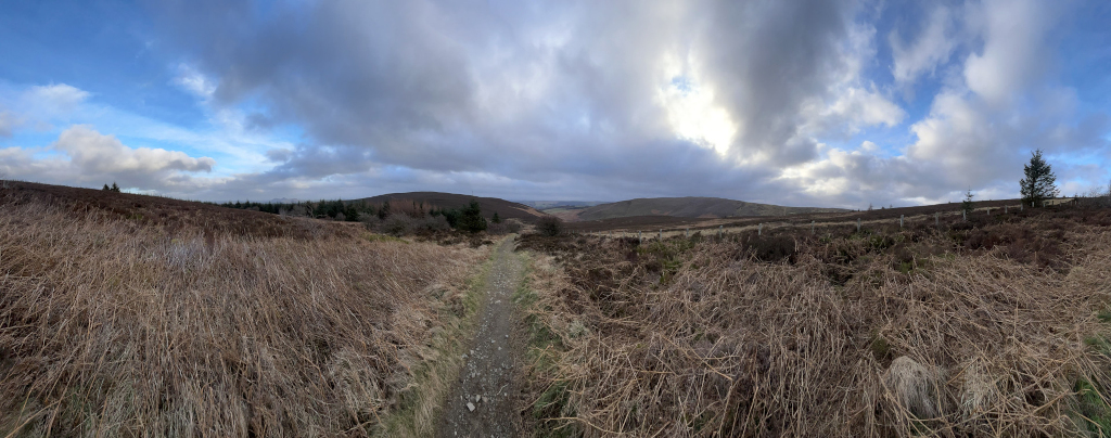 Dirt trail, meandering from the foreground towards the mid-ground. It's a relatively narrow path, slightly uneven, with visible gravel and small stones. The trail is flanked on both sides by dense, low-lying vegetation, primarily composed of dried, brown grasses and scrub, giving a slightly wild and untamed feel. There are no people or animals visible in the image. The setting is a wide-open moorland or upland landscape under a dramatic sky. The foreground is dominated by the dry, brownish-gold grasses and shrubs. The mid-ground features a subtle rise in the land, with more of the same vegetation extending towards the horizon. In the background, low hills or mountains are visible under a sky filled with voluminous clouds. The clouds are a mix of dark gray and lighter, almost white, areas, creating a contrast that draws the eye across the panorama. Patches of blue sky peek through, particularly near the horizon, suggesting a day of fluctuating weather. The lighting appears to be natural, diffused daylight, with no harsh shadows, creating a soft, even illumination across the scene.