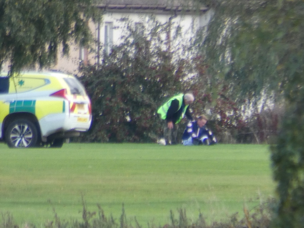 Blurry, distant view of what seems to be a medical emergency unfolding on a grassy area, possibly a golf course. A person in a bright yellow safety vest is attending to someone lying on the ground. A paramedic vehicle is parked nearby. The overall impression is one of concern and possible injury. 