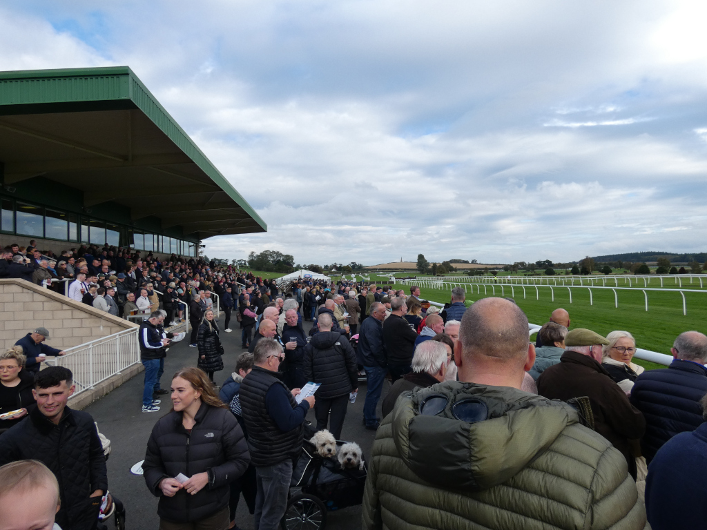 Large crowd of people gathered at an outdoor horse racing venue. They are standing around a grandstand and along a fence overlooking a grass race track. The day appears somewhat overcast. The overall atmosphere suggests a sporting event in progress or about to begin.