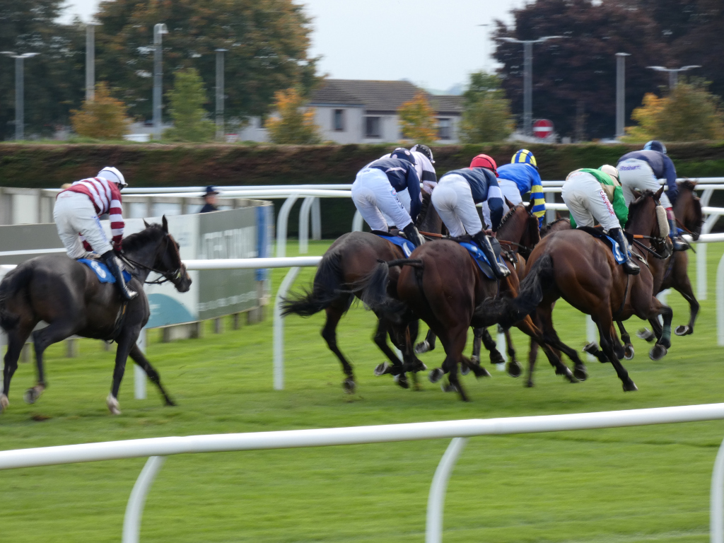 Several horses and their jockeys are tightly bunched together, competing for the lead near the finish line. The foreground is blurred, suggesting motion, while the horses and riders in the middle ground are in sharp focus. The background shows a racecourse with fencing, spectators, and buildings in the distance. The overall impression is one of intense competition and speed.