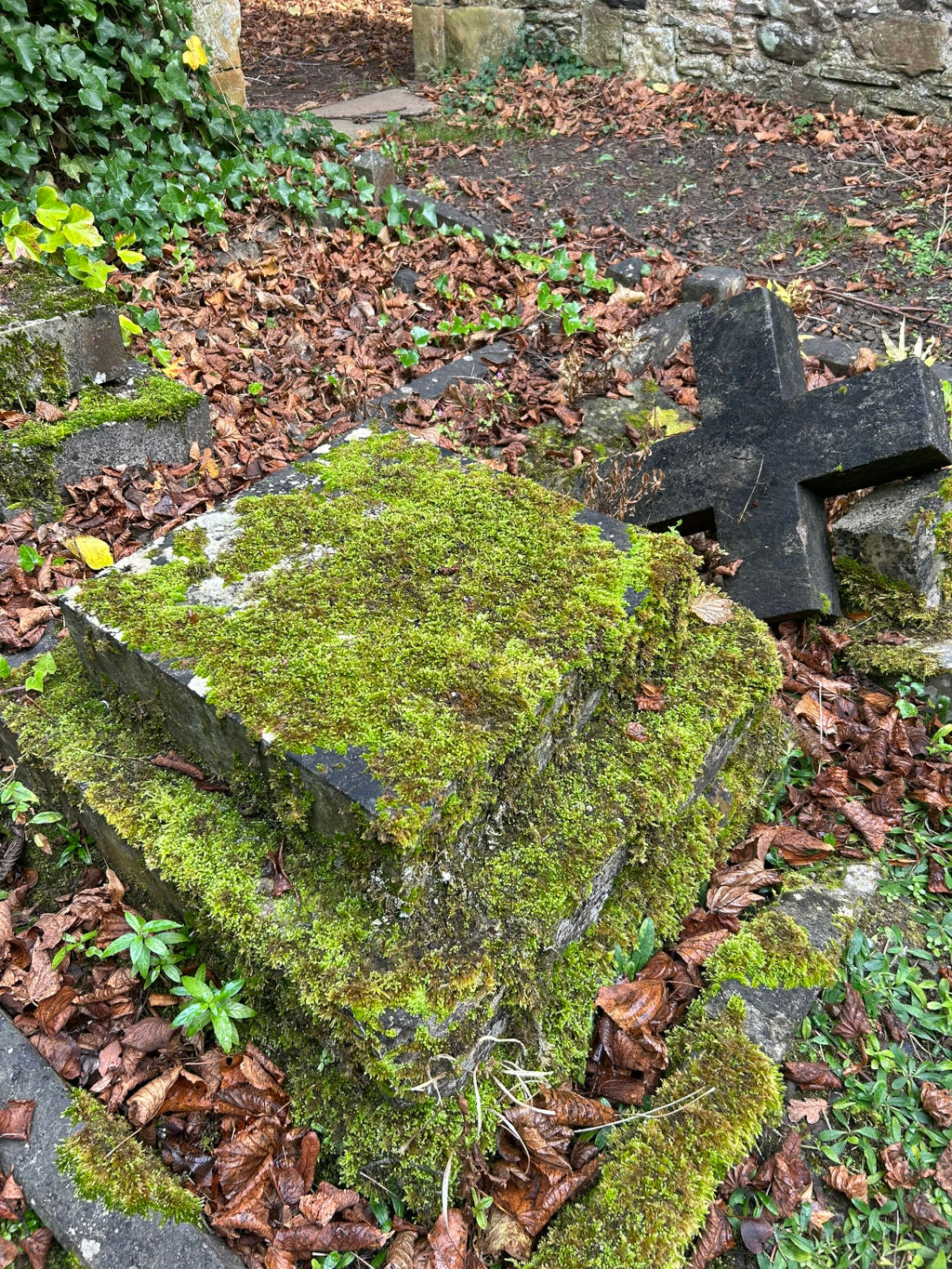 Moss-covered gravestone and a broken cross lying near it, surrounded by fallen brown leaves. The scene is set in a graveyard or similar location, with stone walls and greenery in the background. The overall impression is one of age, decay, and the passage of time.