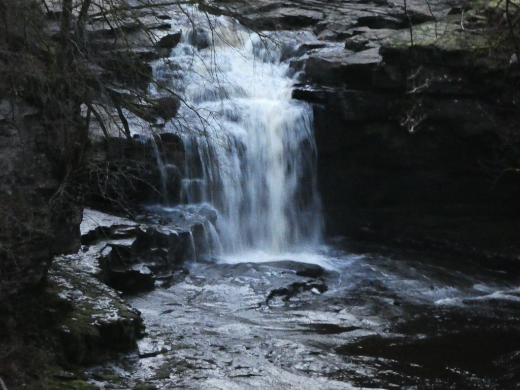 Waterfall cascading down dark, rocky cliffs. The water is white and appears somewhat frothy near the bottom. Bare branches of trees are visible in the upper left corner, partially obscuring the top of the waterfall. The overall tone is dark and somewhat moody.