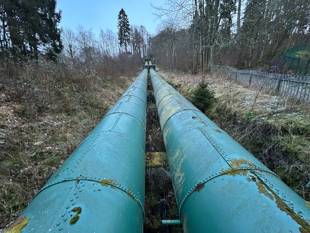 Two large, aged teal-coloured pipes extending from the foreground toward the background, set in a trench between overgrown vegetation. The pipes show signs of wear and moss growth. A wooden fence is visible to the right, and a sparse winter forest is in the background. The overall impression is one of age, possibly disuse, and a sense of industrial history located in a natural setting.