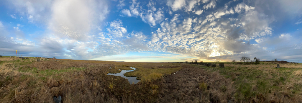 Panoramic view of a flat, marshy landscape under a vast, partly cloudy sky. The foreground shows dry, brown grasses and patches of mud, with a small, meandering stream or ditch cutting through the marshland. In the distance, the land appears relatively flat, extending to the horizon. The sky is a dominant feature, filled with a mix of fluffy white clouds and patches of clear blue, suggesting a day with changeable weather conditions. There are a few scattered trees visible in the distance on the right side of the image, and some man-made structures or markers are barely visible in the far distance on the far left. The overall feel is one of openness and serenity, perhaps conveying a sense of tranquillity or the quiet beauty of a natural, somewhat desolate landscape.