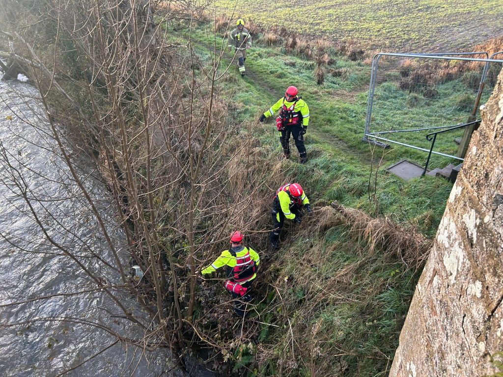 High-angle, outdoor shot of three emergency rescue workers in bright yellow and red uniforms searching along the bank of a river. They appear to be searching for something in the undergrowth near the water's edge. A fourth person, possibly a supervisor or another emergency worker, is visible further up the path. The scene suggests a search and rescue operation is underway.