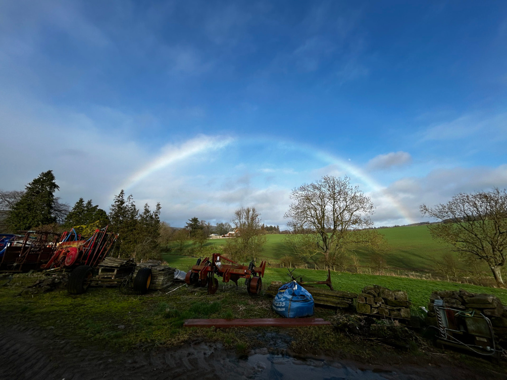 Collection of aged, red and rusty farm implements are piled together near the bottom left. This includes what looks like parts of a plough or cultivator, along with wooden pallets and other metal debris. One distinct piece is a reddish-brown piece of equipment with wheels, possibly a seeder or tiller. A large, dark-blue, industrial-grade sack, possibly filled with feed or fertiliser, rests on the ground near the centre. Its surface is somewhat crumpled.
