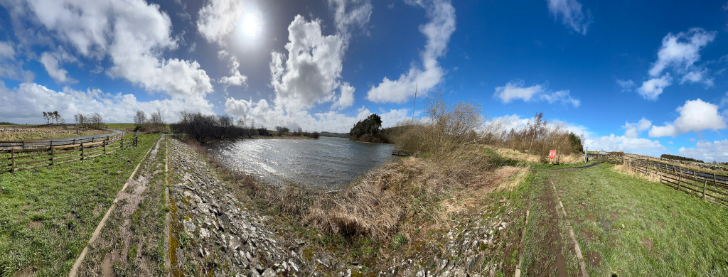 Panoramic view showcases a serene lake nestled within a landscape of rolling hills and grassy fields. The bright, sunny day is evident in the clear blue sky punctuated by fluffy white clouds, and the sun's reflection glints on the water. Wooden fences line the paths around the lake, suggesting a managed or recreational area. The vegetation is primarily sparse, indicating a possibly late winter or early spring season.