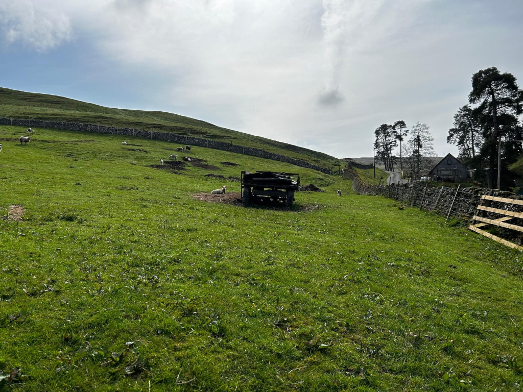Pastoral scene in what appears to be rural England. A grassy field, dotted with sheep, stretches from the foreground to a low, rolling hill in the background. A stone wall runs along the hill and partially along the right side of the image. An old, dark-coloured farm cart or wagon sits in the middle ground. A small, simple farmhouse is visible in the distance. The overall mood is peaceful and tranquil, suggesting a quiet country life.