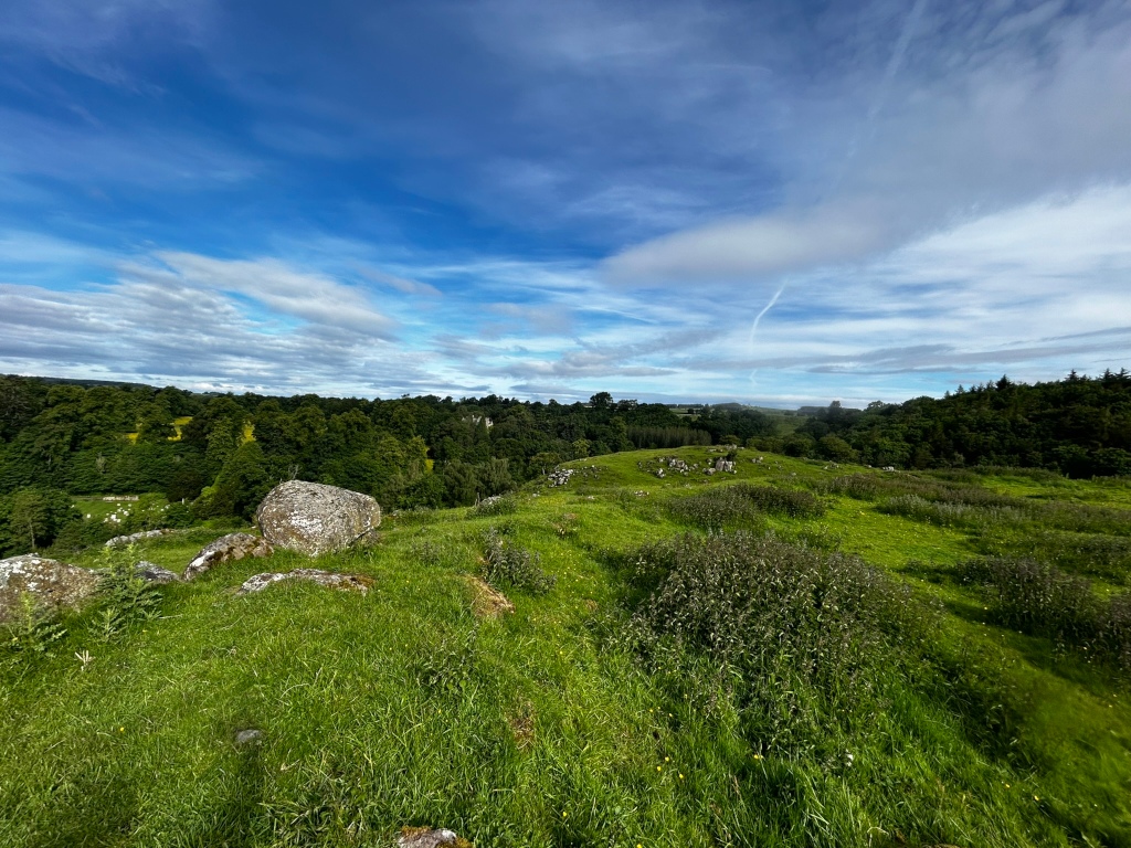 Picturesque landscape under a vibrant blue sky dotted with fluffy white clouds.  The foreground features a gently sloping, grassy hill speckled with rocks, primarily one large, light-grey boulder.  The mid-ground and background consist of rolling hills covered with lush green vegetation and a distant line of dark green trees.