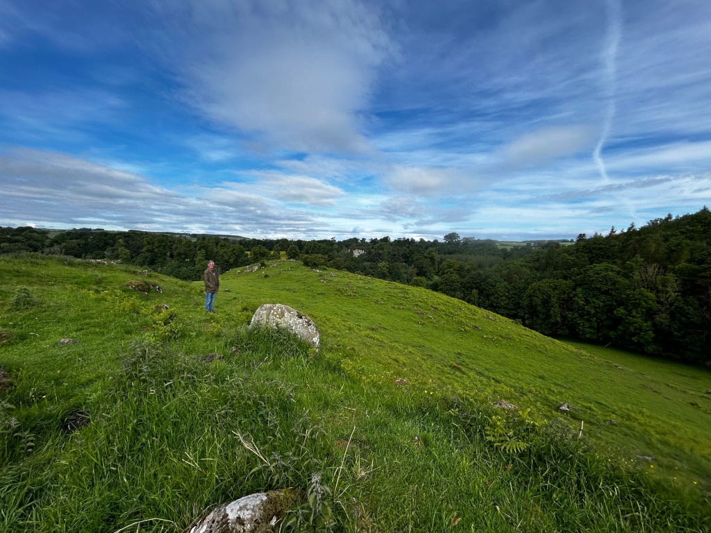 Charlie standing in a grassy field, overlooking a lush green valley and forest under a bright, partly cloudy sky. The foreground is dominated by vibrant green grass, while the background features rolling hills covered with trees. A large boulder is visible near the person in the foreground.
