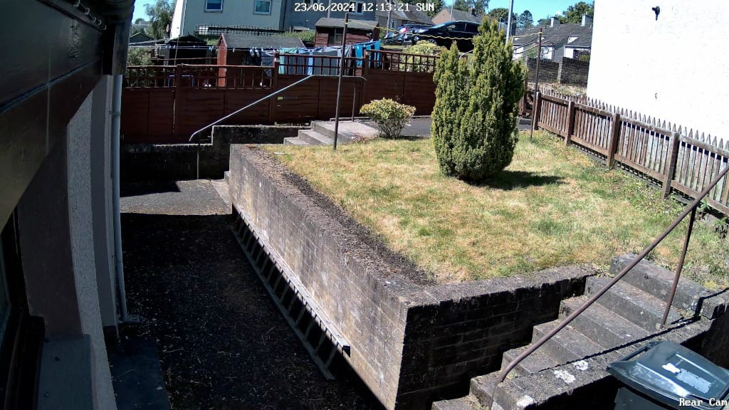 Back garden on a sunny day. The garden features a raised brick retaining wall with steps leading up to it and down to a lower level. There's a small evergreen tree, patches of grass (some appearing dry or brown), a wooden fence, and a glimpse of a house and clothesline in the background. A metal railing runs along the steps. A black wheelie bin is partially visible in the bottom right corner.