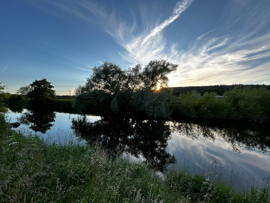 Tranquil scene of a river at sunset. The water is calm, reflecting the sky and the surrounding trees. A large tree stands prominently in the middle of the riverbank, its silhouette partially illuminated by the setting sun. The sky features wispy, white clouds streaked across a deep blue.
