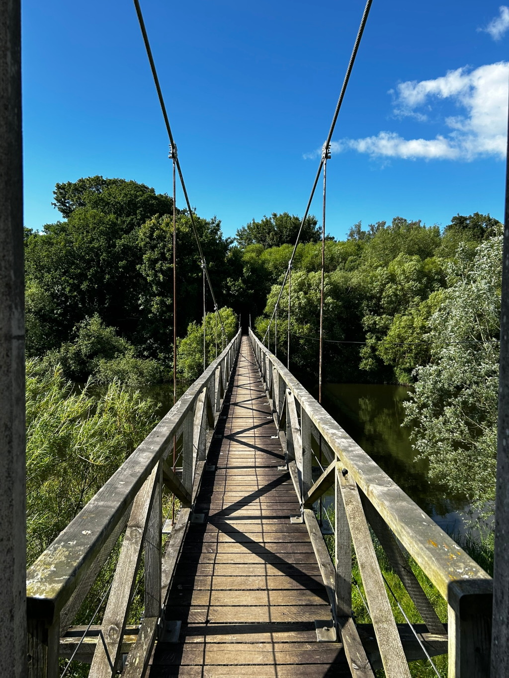 Wooden suspension bridge stretching across a calm body of water, surrounded by lush green vegetation. The bridge is simple in design, with wooden planks forming the walkway and sturdy wooden railings. The perspective is from the bridge's midpoint, leading the viewer's eye towards the far end, which disappears into the dense foliage.