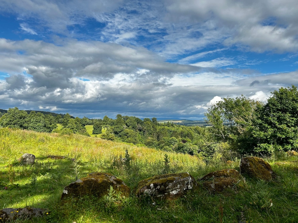 Pastoral landscape under a partly cloudy sky. In the foreground is a grassy field with several large moss-covered rocks, possibly remnants of a stone circle or ancient structure. The middle ground displays a rolling landscape of trees and fields, while the background reveals a horizon line with more distant hills under a dramatic sky of blue and grey clouds.