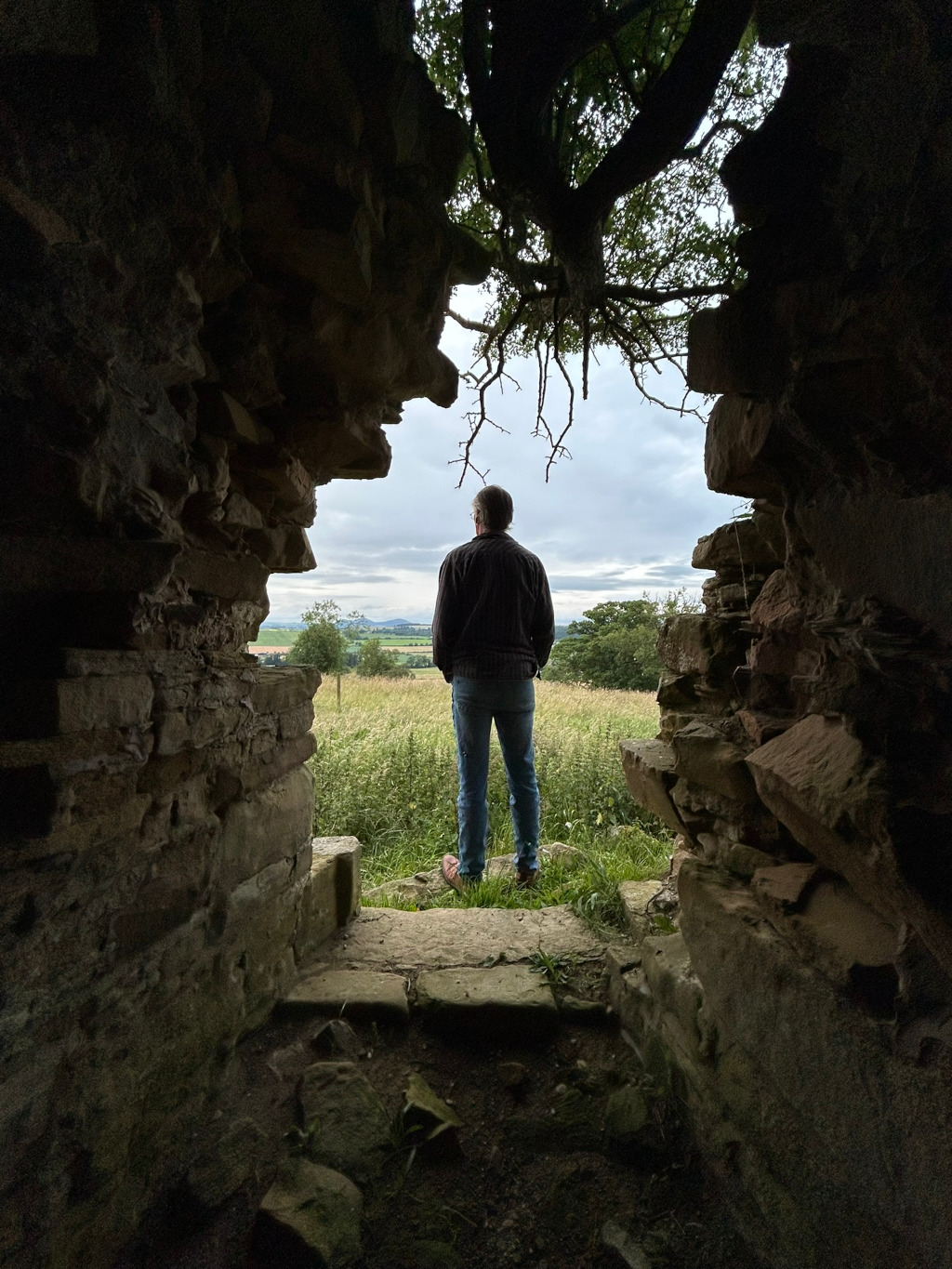Charlie standing in the opening of a stone structure, looking out at a grassy field and distant hills. The stone structure appears to be the remnants of an old building or ruin, with a tree's branches partially obscuring the view from above. He is silhouetted against the brighter background, giving the scene a contemplative and slightly melancholic feel. The overall composition evokes a sense of history, solitude, and reflection.
