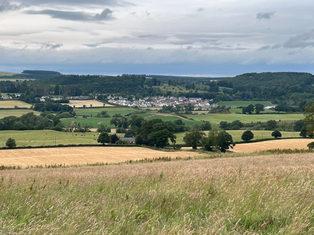 Panoramic view of a rural landscape. In the mid-ground, a small village with light-coloured houses is nestled amongst rolling green hills and fields. The foreground is dominated by a field of tall, golden-brown grasses, suggesting late summer or early autumn. The background consists of more hills covered with lush green woodland.